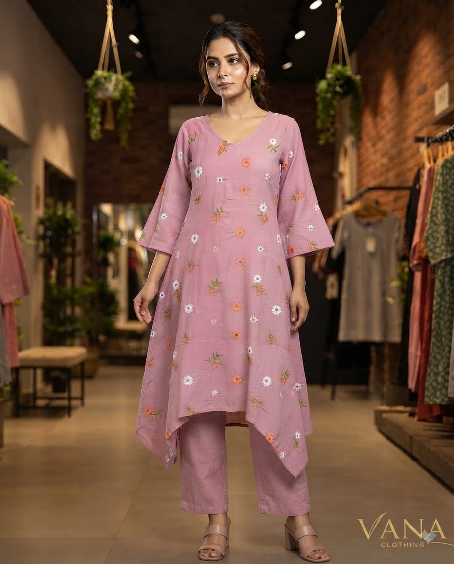 Vana Clothing Dusty Pink Chanderi Art Silk Tunic with Beautiful Floral Thread Embroidery