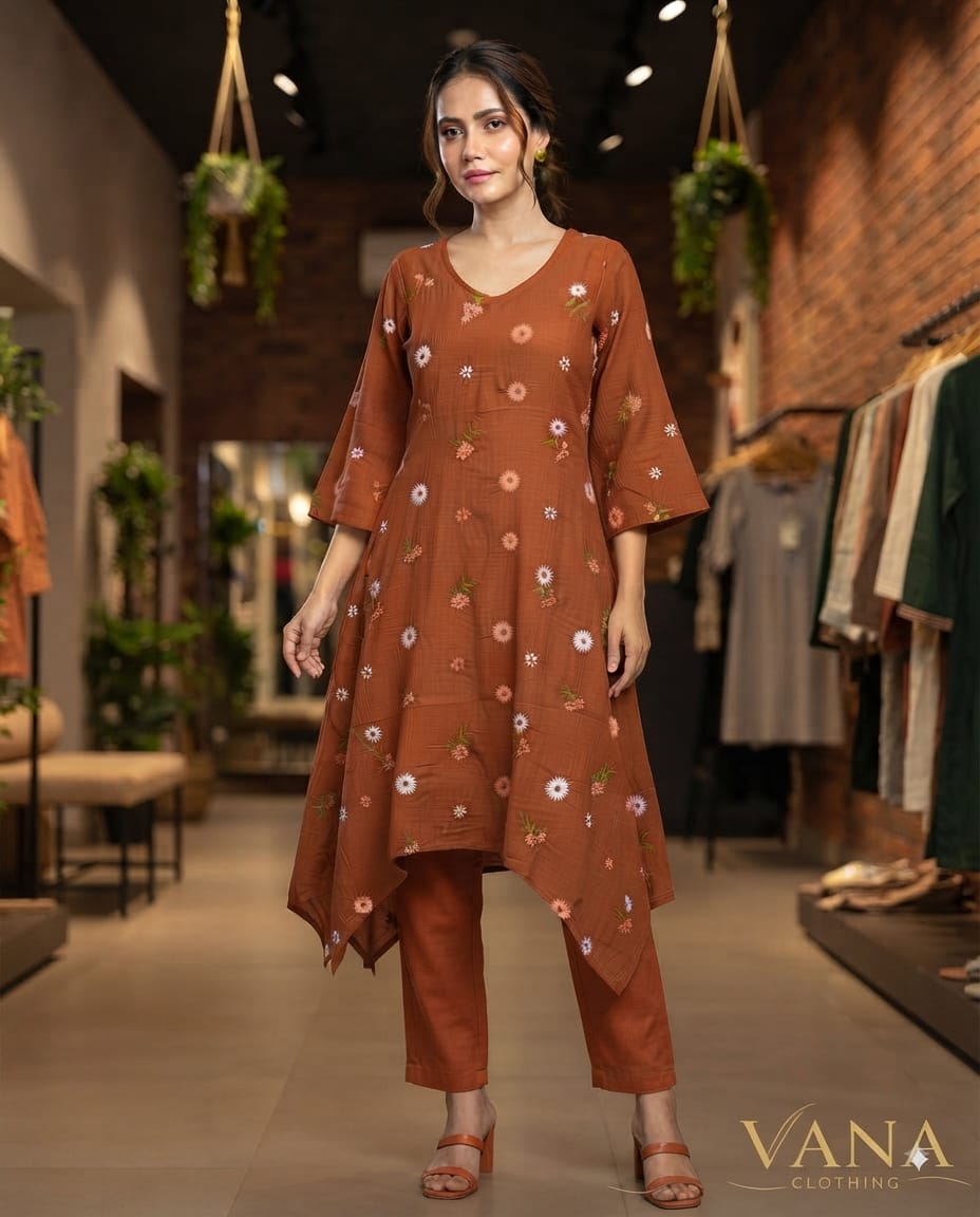 Vana Clothing Rust-Orange Chanderi Art Silk Tunic with Beautiful Floral Thread Embroidery