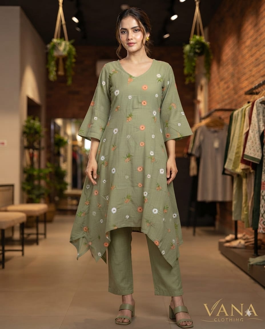 Vana Clothing Sage Green Chanderi Art Silk Tunic with Beautiful Floral Thread Embroidery