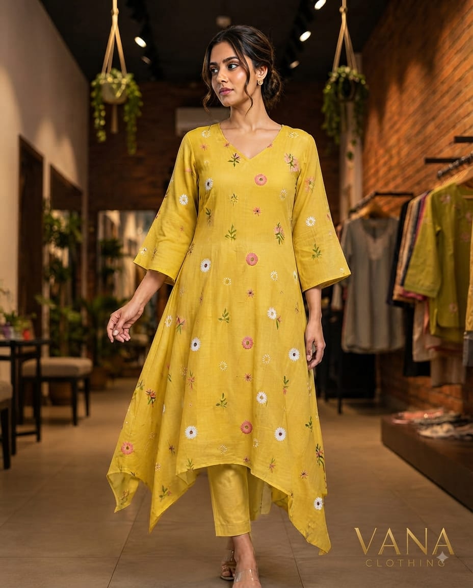 Vana Clothing Mustard Yellow Chanderi Art Silk Tunic with Beautiful Floral Thread Embroidery